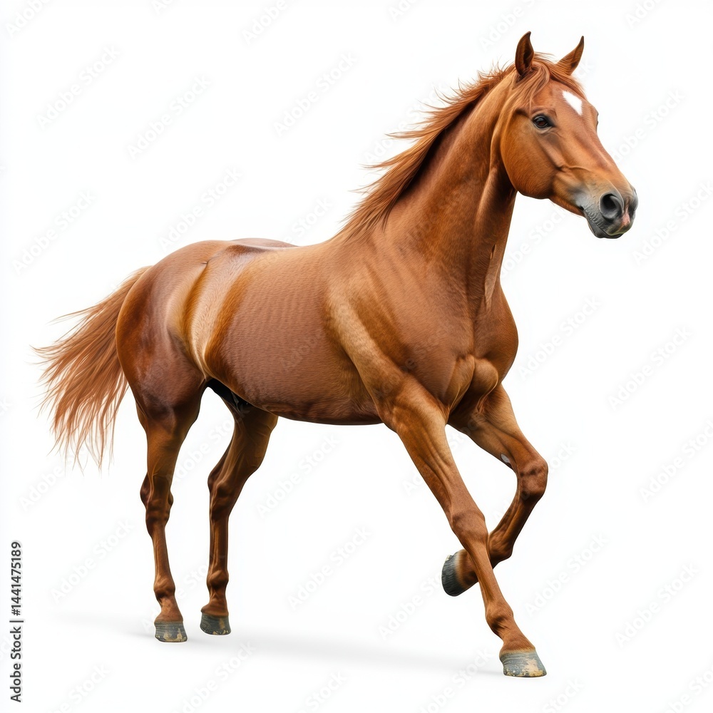 Graceful chestnut horse in motion against a clean white background showcasing its muscular build and elegant gait a captivating equine portrait with a dynamic pose Graceful chestnut horse in motion against a clean white background showcasing its muscular build and elegant gait a captivating equine portrait with a dynamic pose