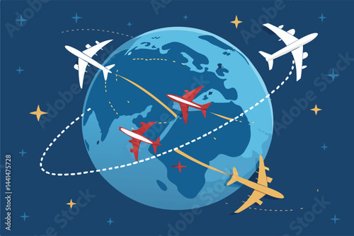 Create a vibrant vector illustration of a spinning globe with airplanes circling it, symbolizing global air travel and interconnectedness.
