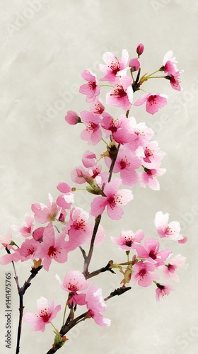 Delicate pink cherry blossoms on slender branches set against a soft, neutral background.