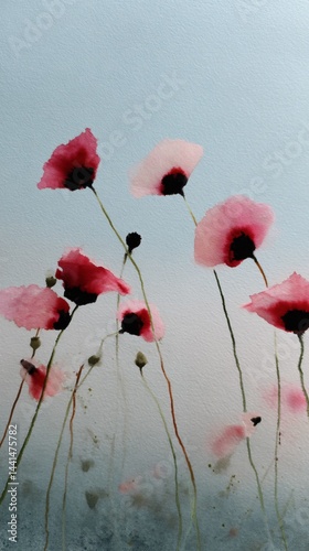 Delicate red poppies painted in watercolor with soft stems against a pale blue background.