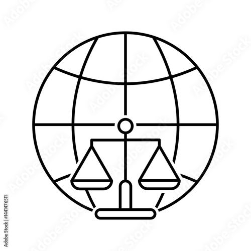 justice scale with globe, illustration of international court and universal justice icon vector