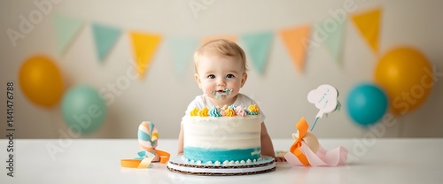 Adorable baby celebrates first birthday, covered in cake! Colorful party decorations
