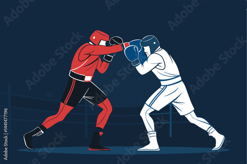 Create a dynamic vector illustration of a boxing match, showcasing two fierce fighters in action, emphasizing speed and power.  Include details like sweat, muscle definition, and dynamic poses.