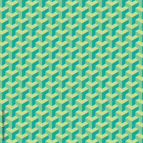 Green isometric Y-shaped geometric pattern with 3D effect, creating a seamless optical illusion background design
