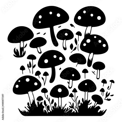 Stylized monochrome depiction showcasing various mushroom forms in artistic arrangement