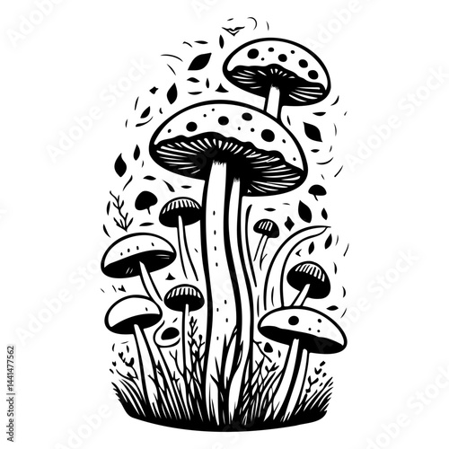 Black and White Mushroom Illustration with Forest Foliage Elements Art