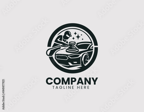 Focused Car Detailer Polishing Auto with Buffer Machine Vector Logo Design