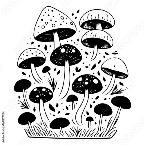 Monochrome mushroom cluster artistic expression emphasizing texture and intricate details