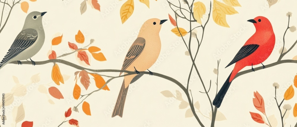 Fototapeta premium Charming Illustration of Three Colorful Birds Perched on Branches Amidst Autumn Leaves in a Serene Nature Scene