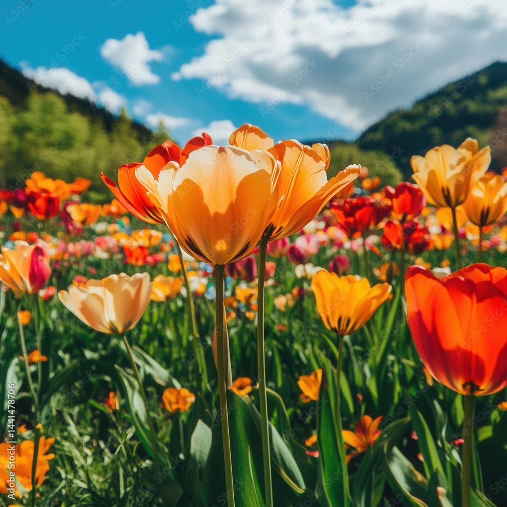 Vibrant tulip field under a bright blue sky with fluffy clouds capturing the essence of spring in a scenic landscape with mountain backdrop and lush green foliage