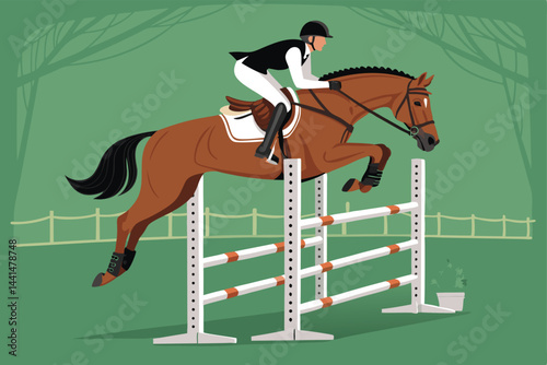 Create a vector illustration of a solid brown horse executing a jump in an equestrian competition.  The style should be clean and simple.