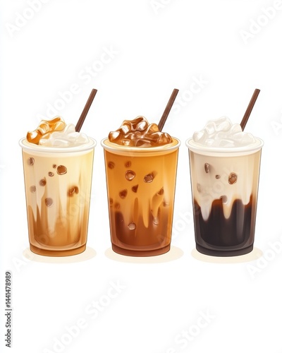 Obraz na płótnie Three iced coffee drinks with caramel and chocolate toppings against a clean white background artful composition and inviting presentation perfect for cafe promotions w salonie