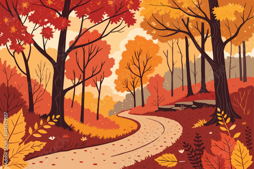 Vivid autumn foliage ablaze along a winding hiking trail through a sun-drenched forest.  Bold, warm tones dominate the scene.