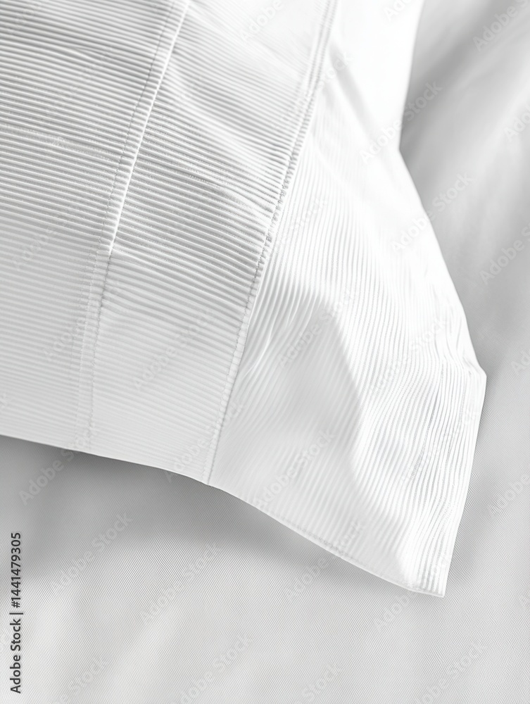 Elegant white pillowcase showcasing textured fabric detail in a close up shot soft light creating a serene and inviting atmosphere perfect for bedding and sleep