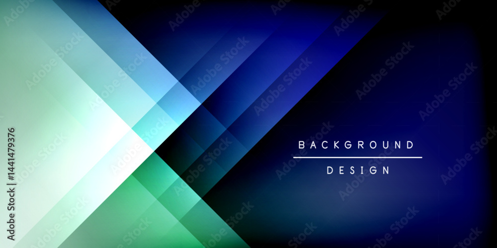 Abstract geometric background. Diagonal lines create gradient effect, blending blues, greens, blacks. Modern design element.
