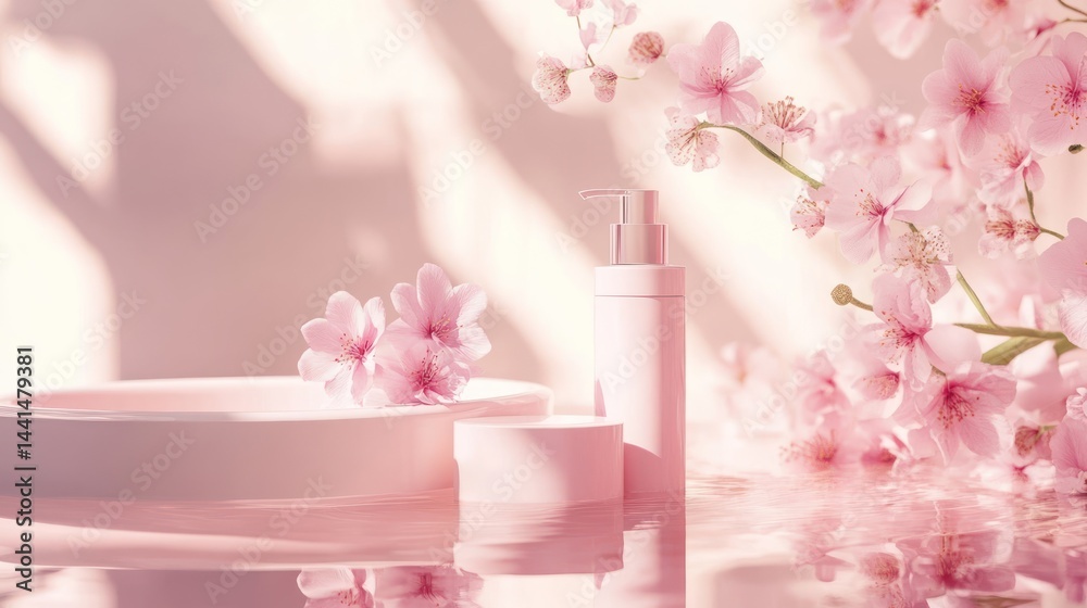 Elegant Spa Still Life with Pink Cherry Blossoms and Minimalist Product Display