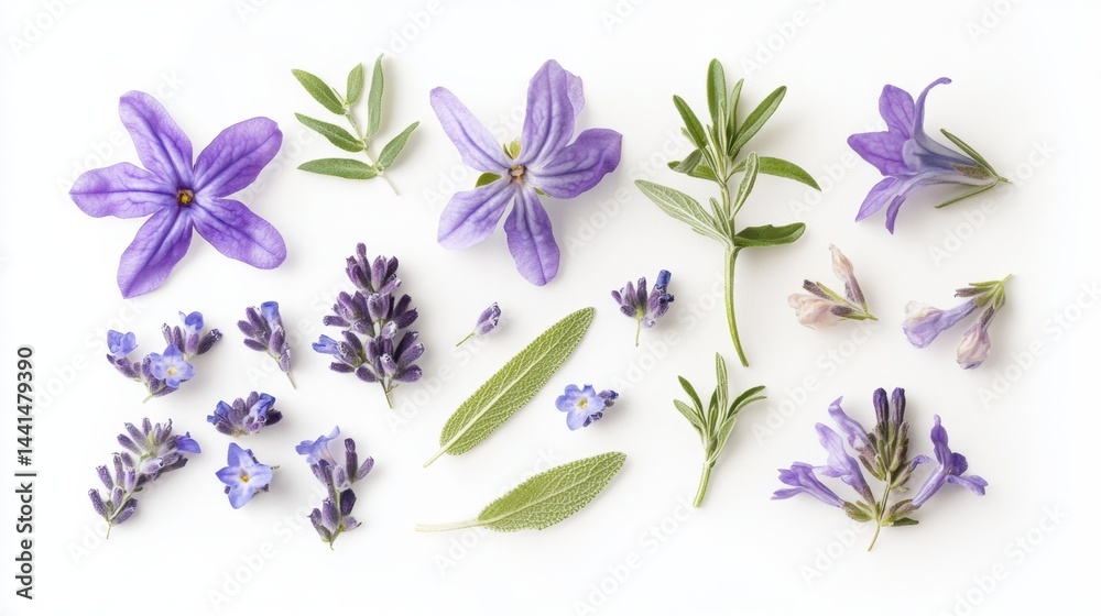 Delicate floral arrangement showcasing lavender rosemary and sage herbs on a clean white background capturing a botanical essence in a flat lay style from a high angle