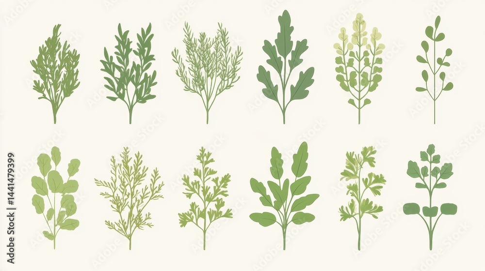 Botanical Harmony A Serene Collection of Green Foliage and Delicate Leaves Showcasing Nature's Beauty in a Minimalist Style Against a Creamy Backdrop