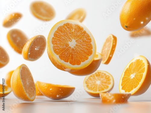 Vibrant orange slices in dynamic mid air composition against a clean white backdrop showcasing freshness and citrusy appeal with a modern studio shot