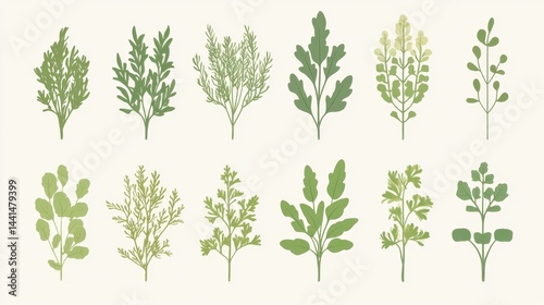 Obraz na płótnie Botanical Harmony A Serene Collection of Green Foliage and Delicate Leaves Showcasing Nature's Beauty in a Minimalist Style Against a Creamy Backdrop w salonie