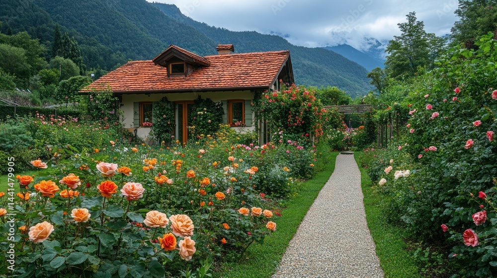 Idyllic cottage with vibrant roses and lush greenery in a tranquil garden setting