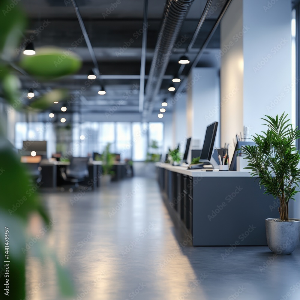 Serene office interior with modern design natural light and indoor plants creating a productive and inviting workspace environment for business