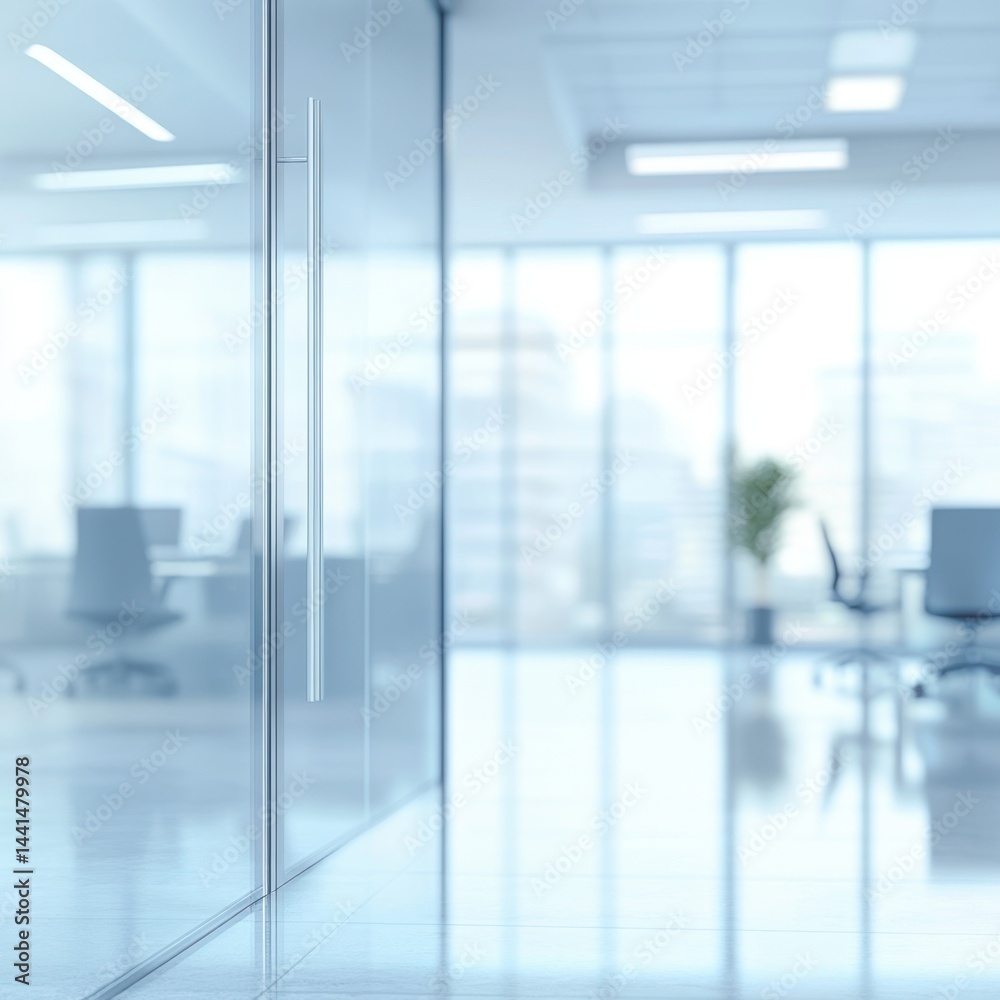 Modern office interior featuring glass wall partition and blurred background creating a spacious and bright workplace environment with a clean minimalist design and professional atmosphere