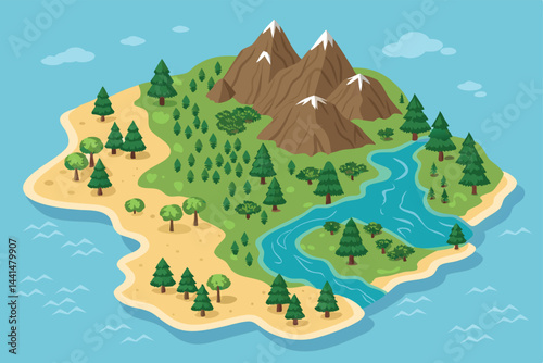 Create a flat-style top-down illustration of a lush island, showcasing diverse tree species and winding rivers.  Include detailed river paths and varied tree foliage.