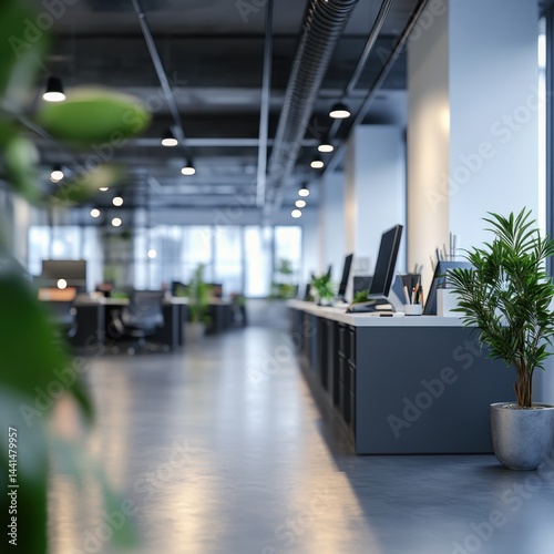 Serene office interior with modern design natural light and indoor plants creating a productive and inviting workspace environment for business