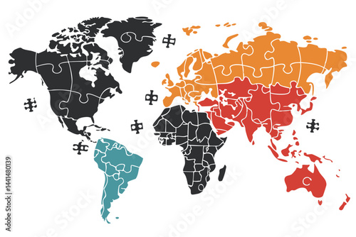 Create a flat vector illustration of interlocking puzzle pieces forming the outline of a continent, emphasizing vibrant color palettes and clean lines.