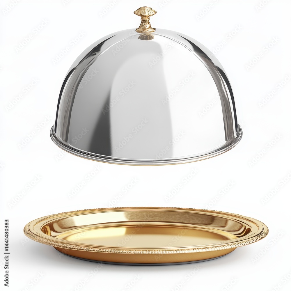 Elegant silver cloche and golden plate presentation on white background showcasing culinary excellence and refined dining experience in a studio shot with soft lighting