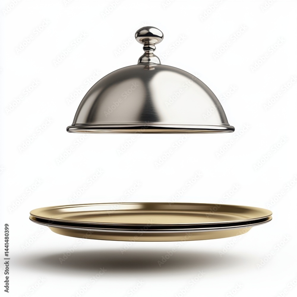 Elegant silver cloche over golden plate on white backdrop capturing luxury dining experience and culinary presentation with soft shadow and studio lighting