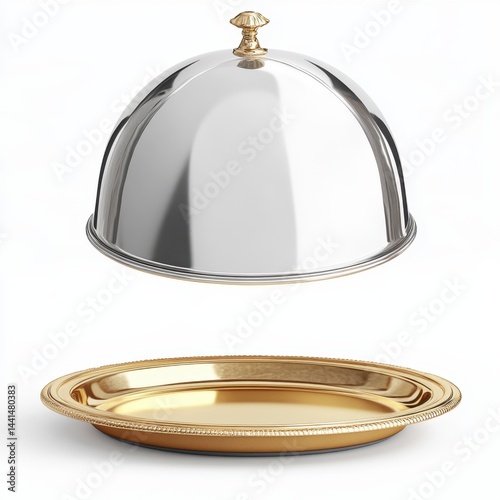 Obraz na płótnie Elegant silver cloche and golden plate presentation on white background showcasing culinary excellence and refined dining experience in a studio shot with soft lighting w salonie