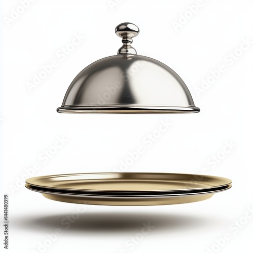 Obraz na płótnie Elegant silver cloche over golden plate on white backdrop capturing luxury dining experience and culinary presentation with soft shadow and studio lighting w salonie