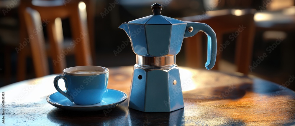 Captivating still life of a blue moka pot and cup on a wooden table showcasing morning light and warm tones evoking a cozy cafe atmosphere