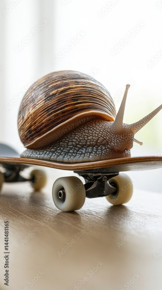 Slow and steady wins the race a snail riding a skateboard with determination and focus on a wooden surface with a bright background showcasing nature and movement