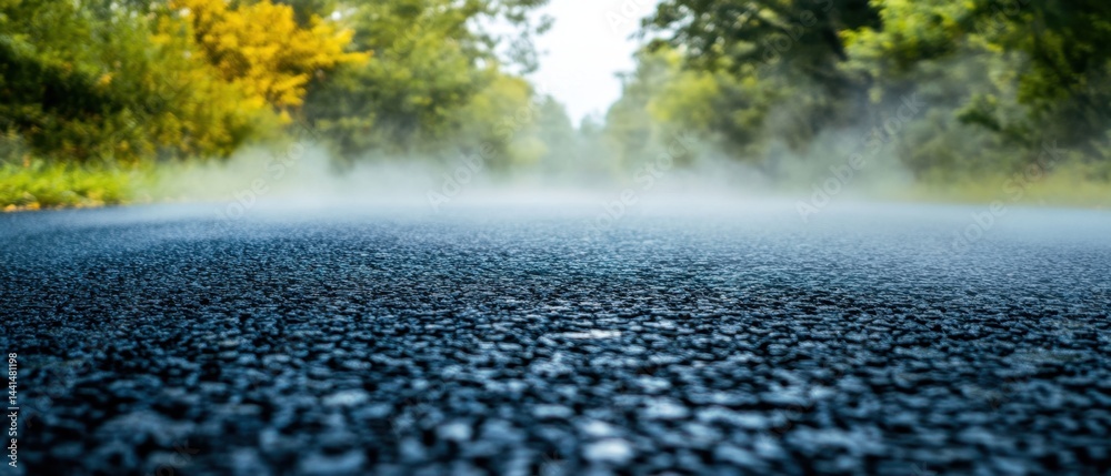 Serene road landscape with ethereal mist and lush greenery creating a tranquil and scenic view perspective with a low angle shot capturing nature's beauty