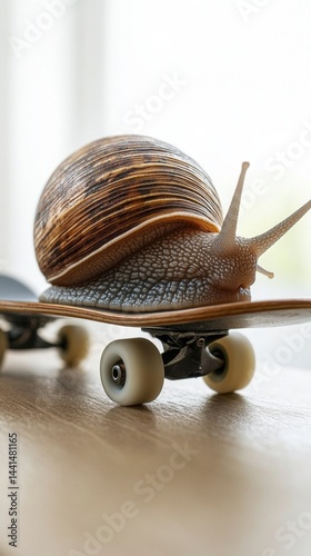 Obraz na płótnie Slow and steady wins the race a snail riding a skateboard with determination and focus on a wooden surface with a bright background showcasing nature and movement w salonie