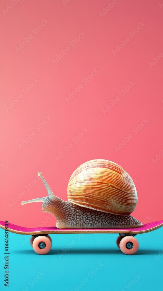 Snail on Skateboard Against Vibrant Backdrop Capturing Speed and Whimsy in a Creative Composition Playful and Surreal Image with Bright Colors and Smooth Texture