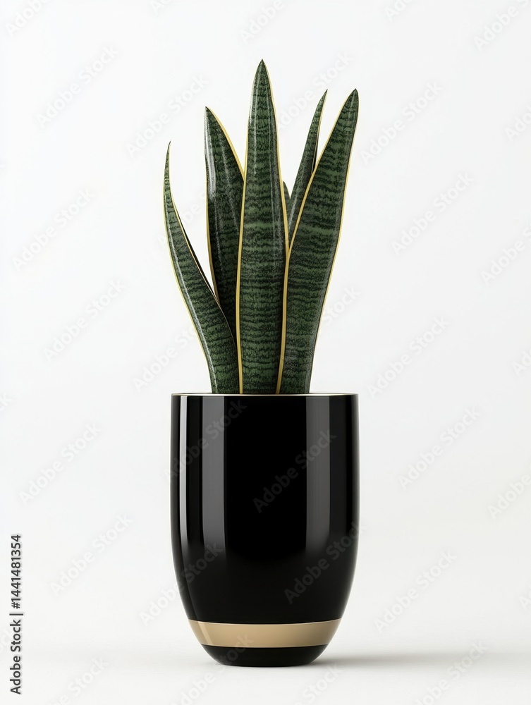 Striking snake plant in a sleek black pot with golden accent against a clean white background showcasing modern interior design and botanical elegance for home decor
