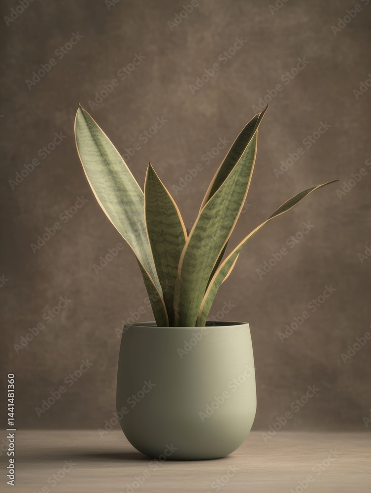 Elegant snake plant in a green pot against a textured brown background indoor studio shot showcasing minimal style and natural light for home decor inspiration