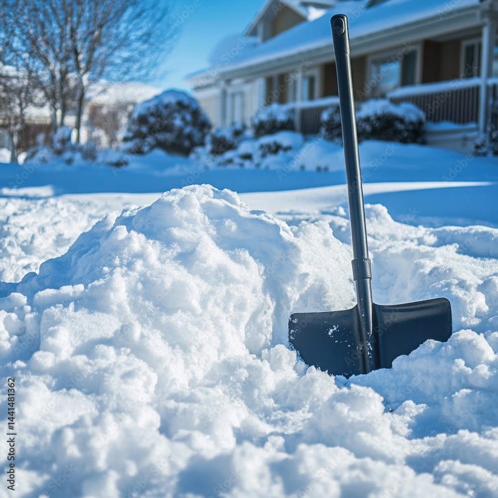 Snowy day shovel in winter landscape after snowfall with bright blue sky and house background clear cold weather scene outdoor activity equipment