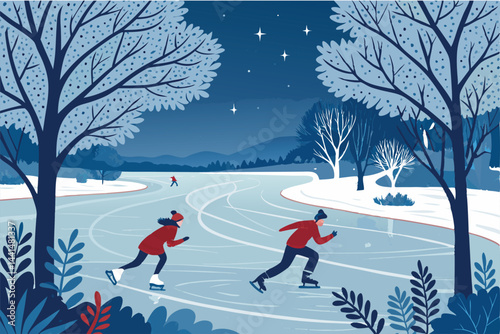 Create a stylized vector illustration of a frozen winter lake with figures ice skating.  Emphasize vibrant colors and a clean, modern aesthetic.