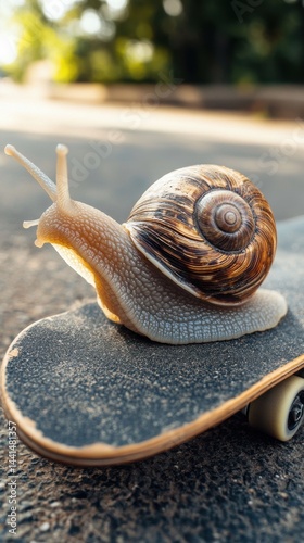 Obraz na płótnie Snail on a Skateboard in a Vertical Composition Capturing the Essence of Slow Motion and a Unique Perspective of Urban Life with Natural Light and a Shallow Depth of Field w salonie