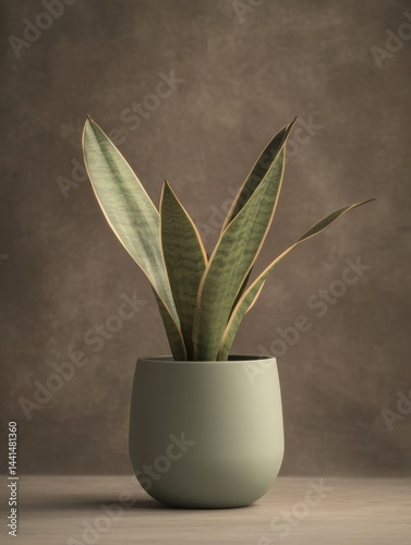 Obraz na płótnie Elegant snake plant in a green pot against a textured brown background indoor studio shot showcasing minimal style and natural light for home decor inspiration w salonie