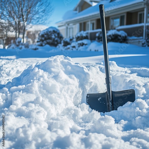 Obraz na płótnie Snowy day shovel in winter landscape after snowfall with bright blue sky and house background clear cold weather scene outdoor activity equipment w salonie