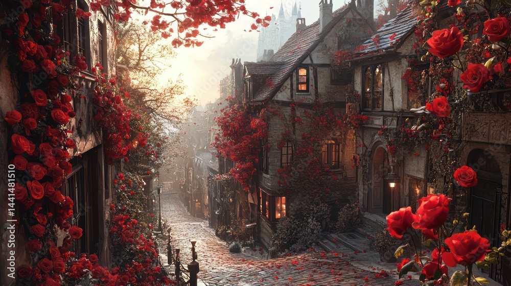 Romantic european village street adorned with roses under soft light ambiance