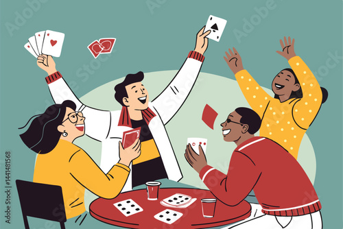 Create a vibrant vector illustration of a group of excited friends celebrating a poker win, showcasing dynamic poses and expressive faces.  Include playing cards and chips.