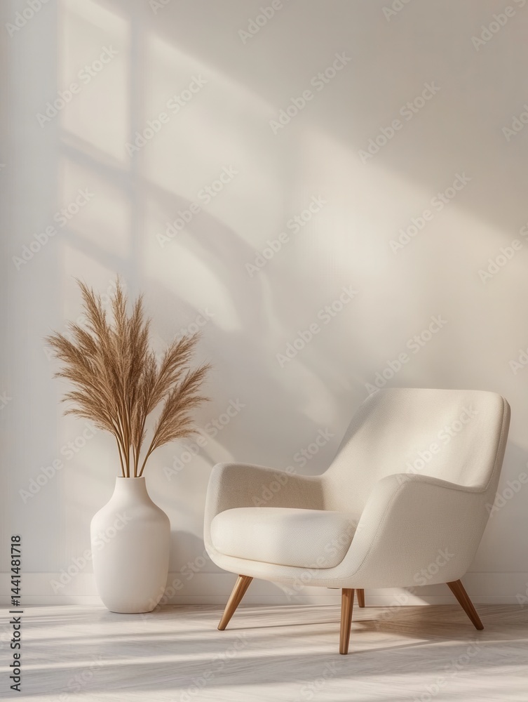 Interior design showcasing a stylish armchair beside a vase with pampas grass against a neutral wall creating a serene and modern home decor scene with soft light