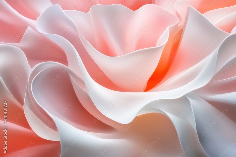 Abstract flowing fabric in coral and white hues creating a soft and dreamy texture with gentle curves and smooth gradients for backgrounds